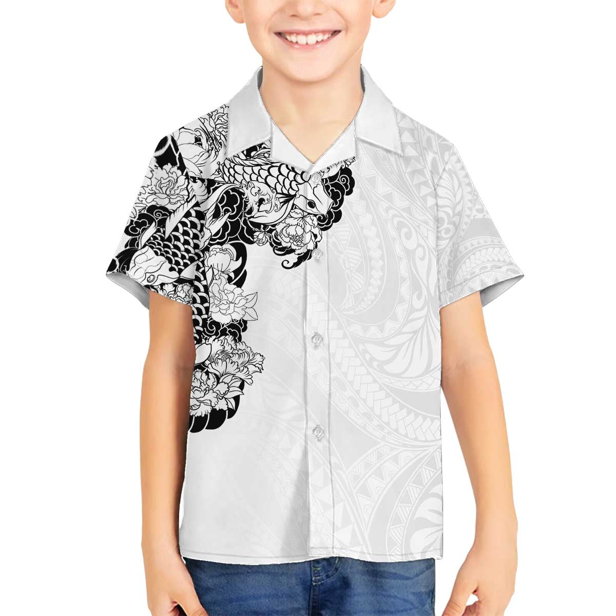 Hawaiian and Japanese Together Family Matching Off The Shoulder Long Sleeve Dress and Hawaiian Shirt Japanese Koi Fish Tattoo and Kakau Pattern White Color LT03 Son's Shirt White - Polynesian Pride
