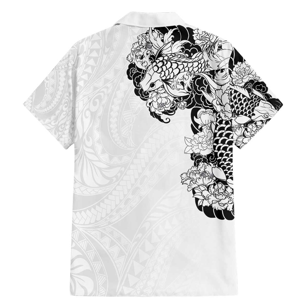 Hawaiian and Japanese Together Family Matching Off Shoulder Short Dress and Hawaiian Shirt Japanese Koi Fish Tattoo and Kakau Pattern White Color