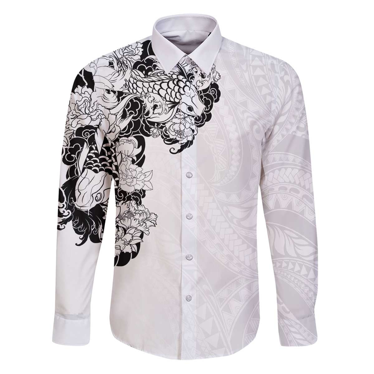 Hawaiian and Japanese Together Family Matching Puletasi and Hawaiian Shirt Japanese Koi Fish Tattoo and Kakau Pattern White Color