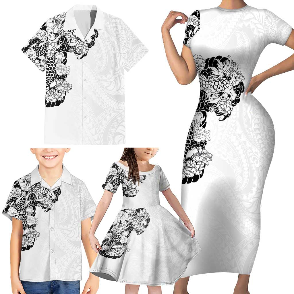 Hawaiian and Japanese Together Family Matching Short Sleeve Bodycon Dress and Hawaiian Shirt Japanese Koi Fish Tattoo and Kakau Pattern White Color LT03 - Polynesian Pride