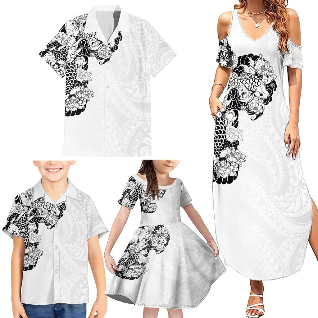 Hawaiian and Japanese Together Family Matching Summer Maxi Dress and Hawaiian Shirt Japanese Koi Fish Tattoo and Kakau Pattern White Color LT03 - Polynesian Pride