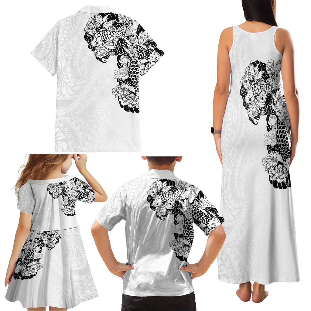 Hawaiian and Japanese Together Family Matching Tank Maxi Dress and Hawaiian Shirt Japanese Koi Fish Tattoo and Kakau Pattern White Color