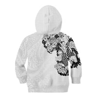 Hawaiian and Japanese Together Kid Hoodie Japanese Koi Fish Tattoo and Kakau Pattern White Color
