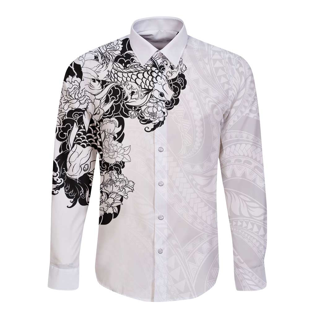 Hawaiian and Japanese Together Long Sleeve Button Shirt Japanese Koi Fish Tattoo and Kakau Pattern White Color LT03 Unisex White - Polynesian Pride