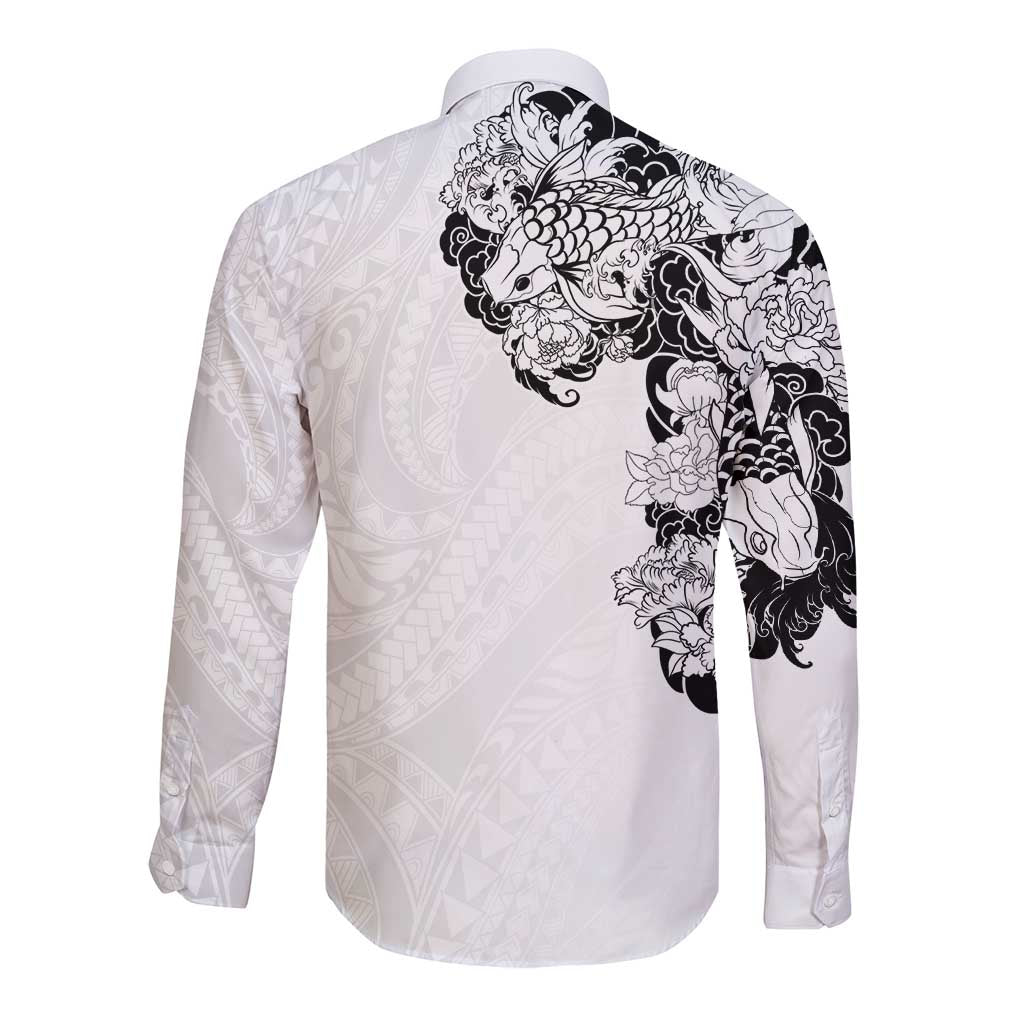 Hawaiian and Japanese Together Long Sleeve Button Shirt Japanese Koi Fish Tattoo and Kakau Pattern White Color LT03 - Polynesian Pride
