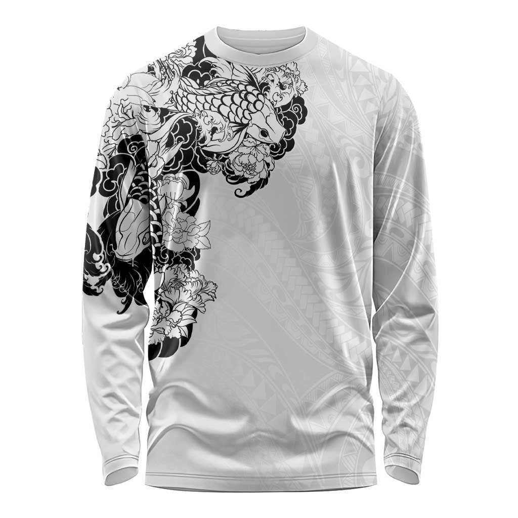Hawaiian and Japanese Together Long Sleeve Shirt Japanese Koi Fish Tattoo and Kakau Pattern White Color LT03 Unisex White - Polynesian Pride