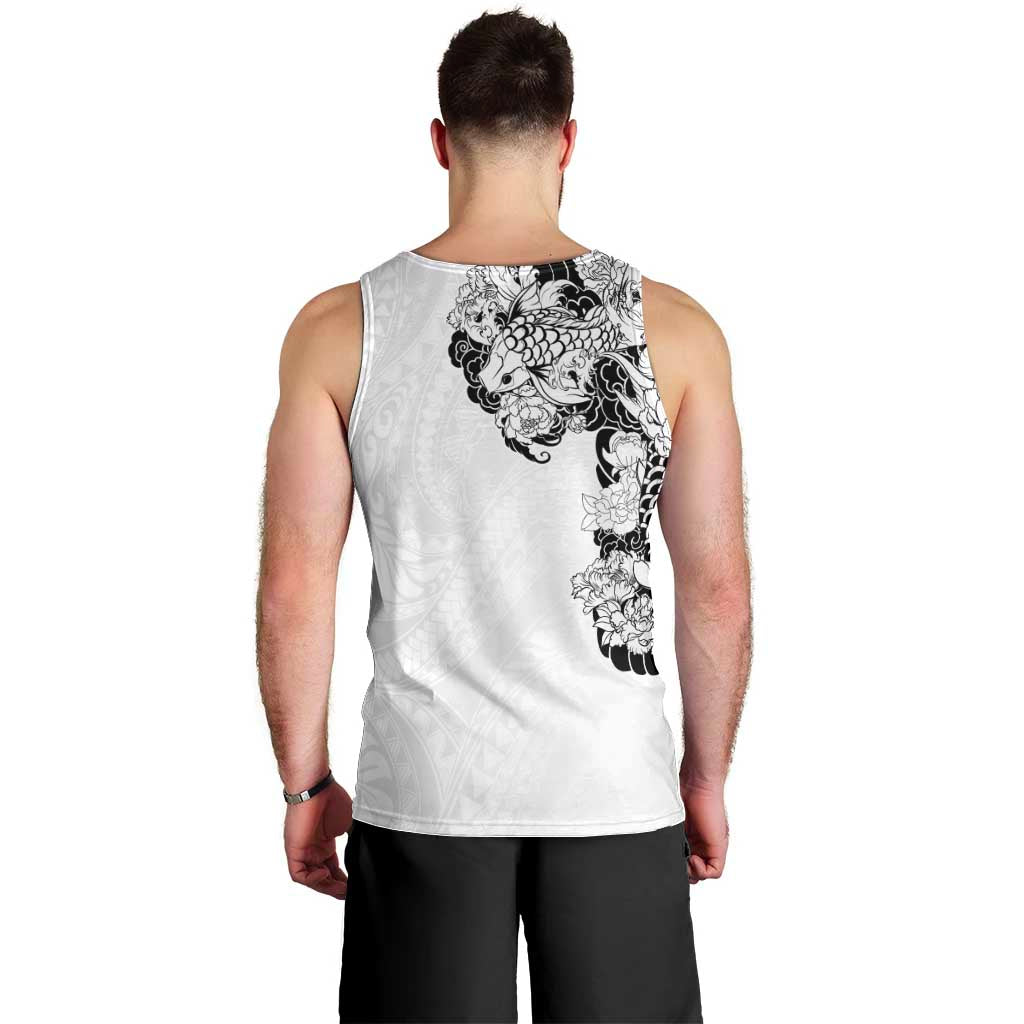Hawaiian and Japanese Together Men Tank Top Japanese Koi Fish Tattoo and Kakau Pattern White Color