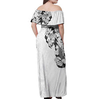 Hawaiian and Japanese Together Off Shoulder Maxi Dress Japanese Koi Fish Tattoo and Kakau Pattern White Color