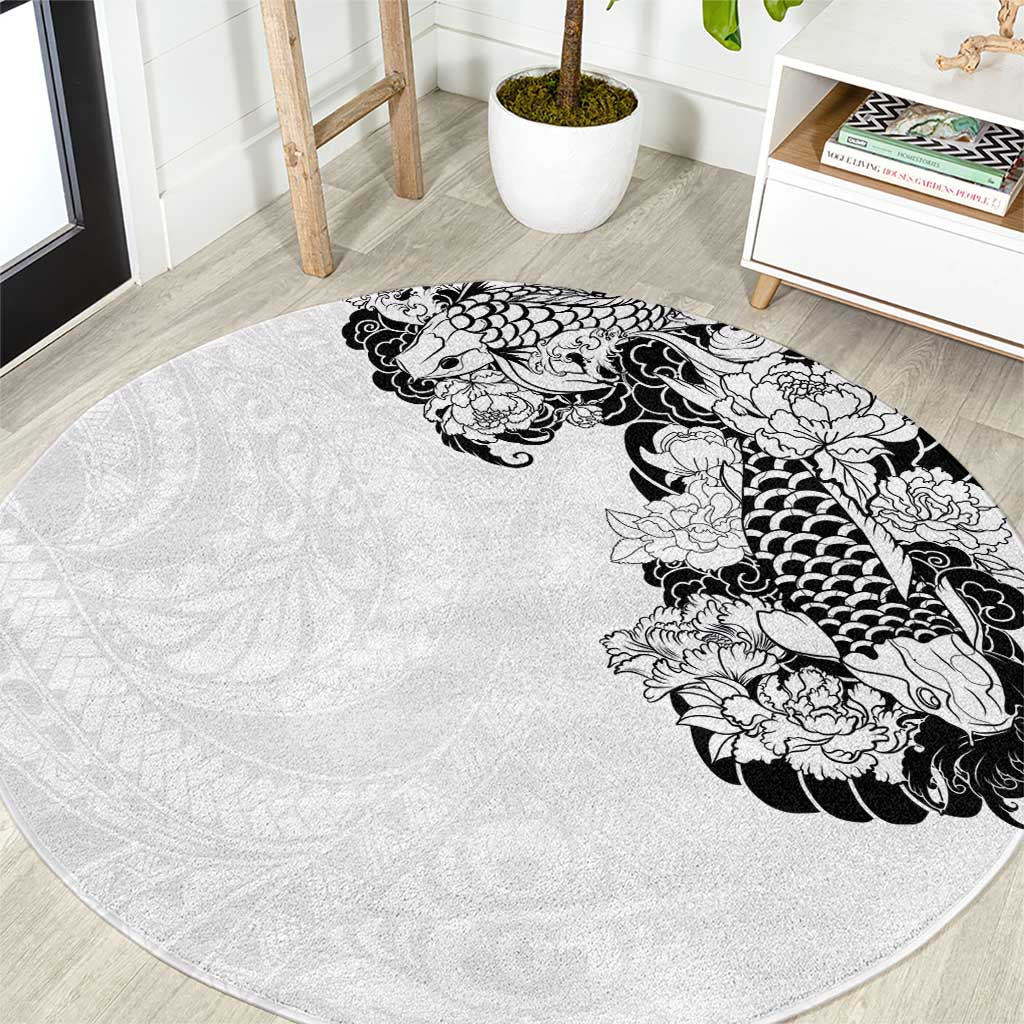 Hawaiian and Japanese Together Round Carpet Japanese Koi Fish Tattoo and Kakau Pattern White Color LT03 White - Polynesian Pride