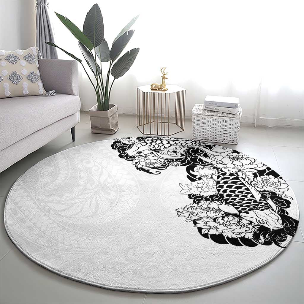 Hawaiian and Japanese Together Round Carpet Japanese Koi Fish Tattoo and Kakau Pattern White Color LT03 - Polynesian Pride
