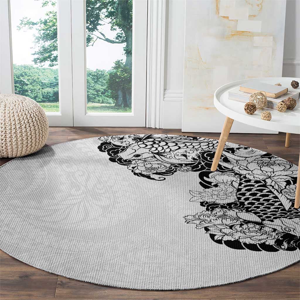 Hawaiian and Japanese Together Round Carpet Japanese Koi Fish Tattoo and Kakau Pattern White Color LT03 - Polynesian Pride
