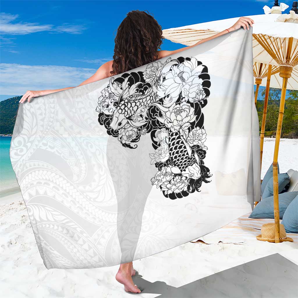 Hawaiian and Japanese Together Sarong Japanese Koi Fish Tattoo and Kakau Pattern White Color LT03 One Size 44 x 66 inches White - Polynesian Pride