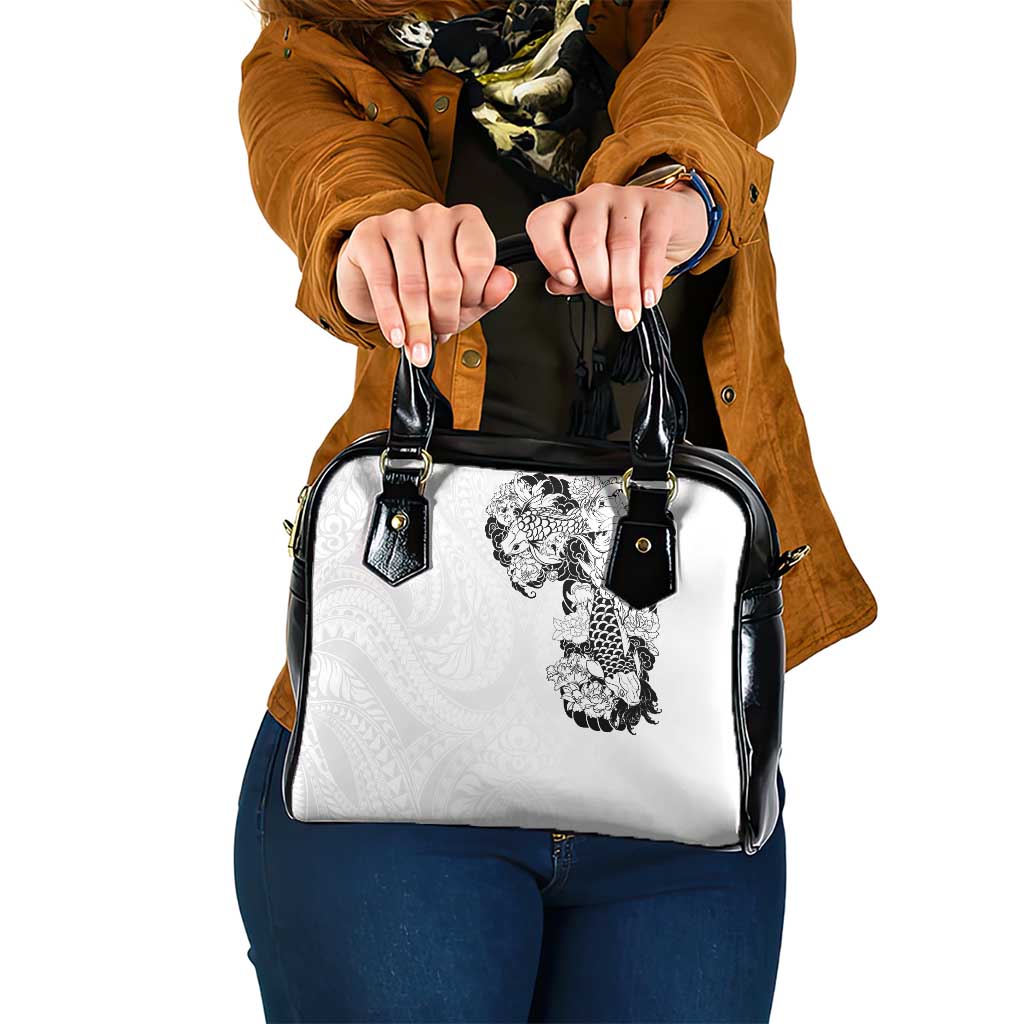 Hawaiian and Japanese Together Shoulder Handbag Japanese Koi Fish Tattoo and Kakau Pattern White Color LT03 One Size White - Polynesian Pride