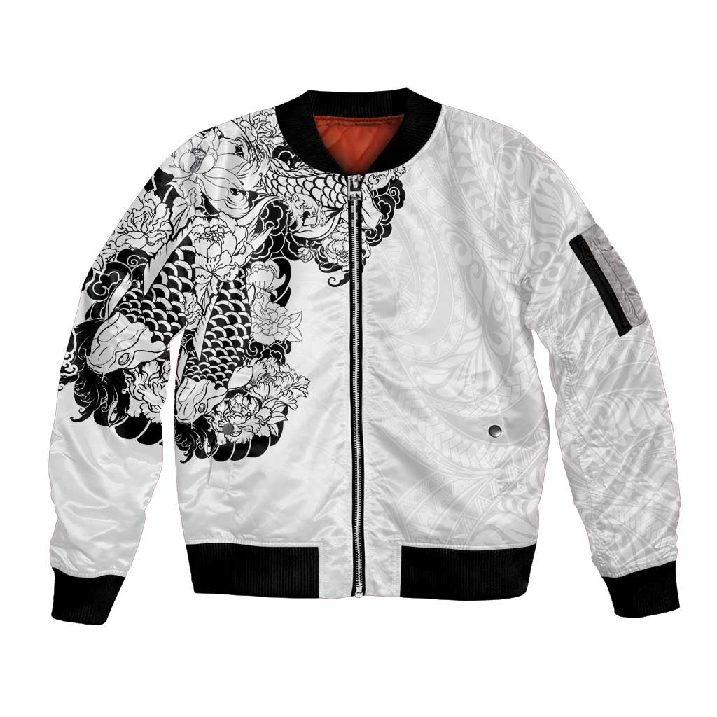 Hawaiian and Japanese Together Sleeve Zip Bomber Jacket Japanese Koi Fish Tattoo and Kakau Pattern White Color LT03 Unisex White - Polynesian Pride