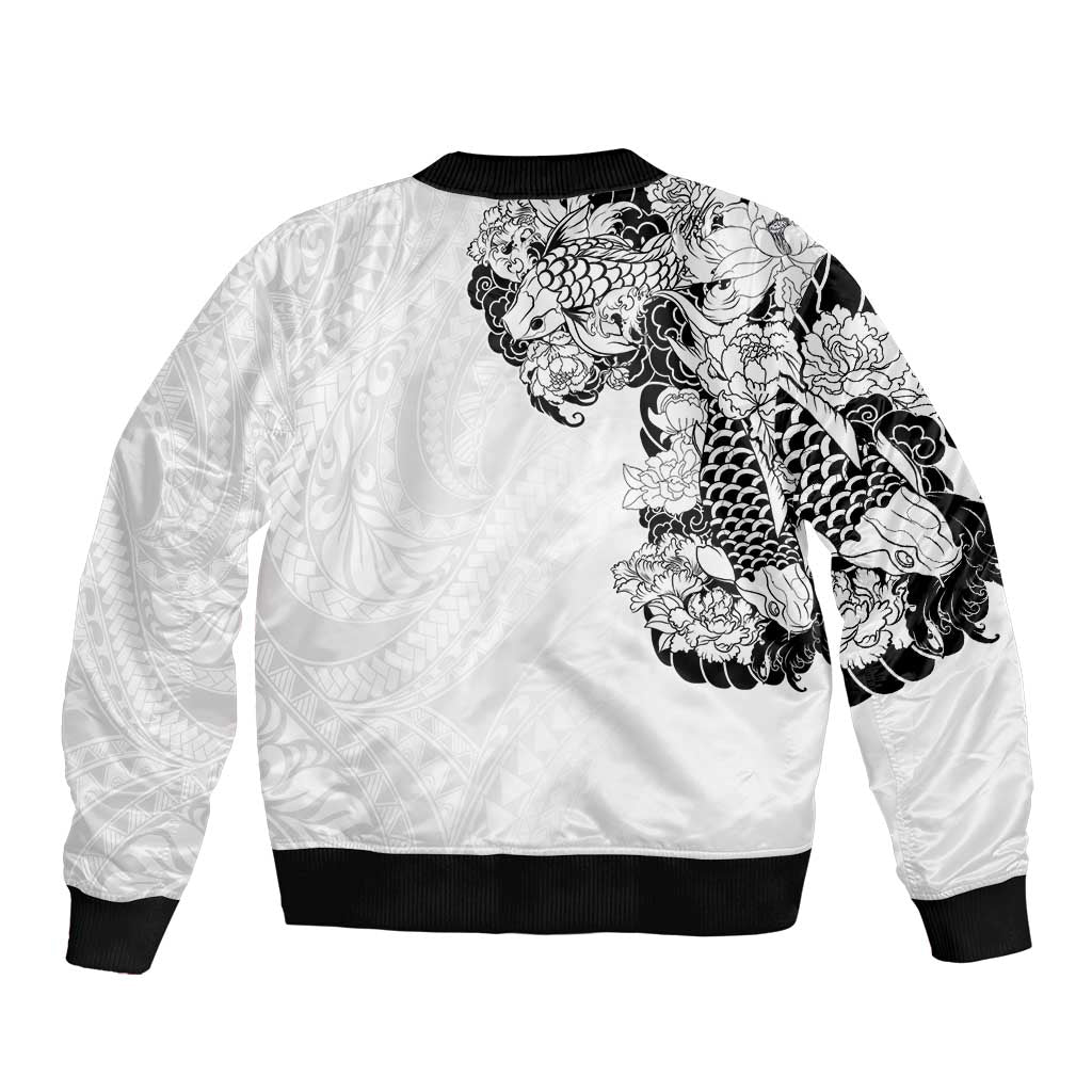 Hawaiian and Japanese Together Sleeve Zip Bomber Jacket Japanese Koi Fish Tattoo and Kakau Pattern White Color LT03 - Polynesian Pride