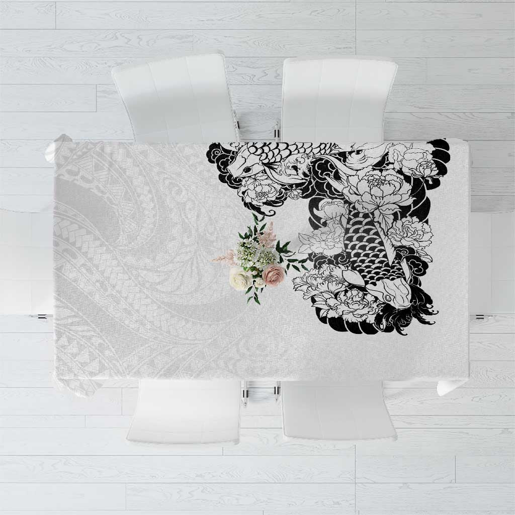 Hawaiian and Japanese Together Tablecloth Japanese Koi Fish Tattoo and Kakau Pattern White Color LT03 White - Polynesian Pride