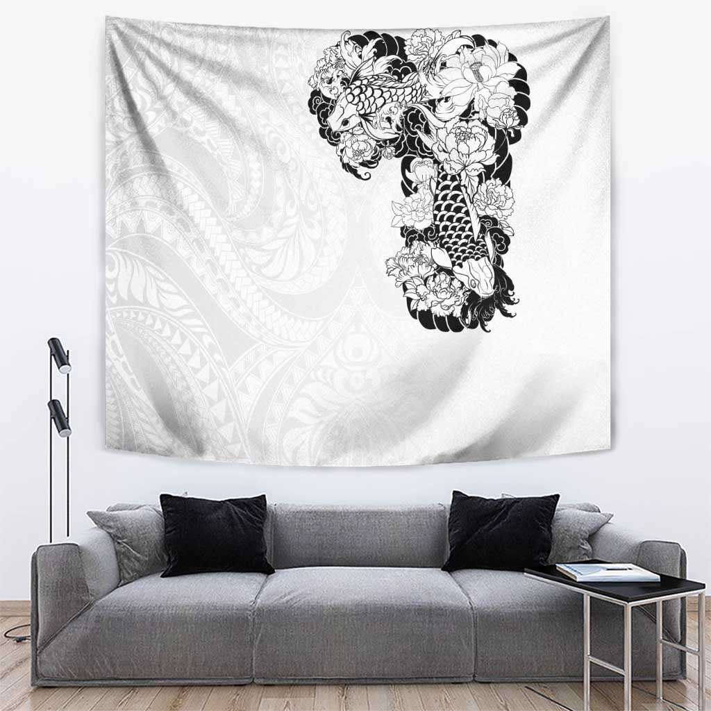 Hawaiian and Japanese Together Tapestry Japanese Koi Fish Tattoo and Kakau Pattern White Color LT03 White - Polynesian Pride
