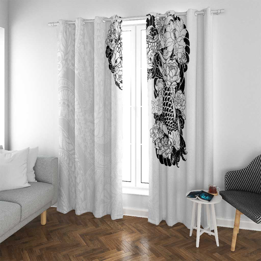 Hawaiian and Japanese Together Window Curtain Japanese Koi Fish Tattoo and Kakau Pattern White Color