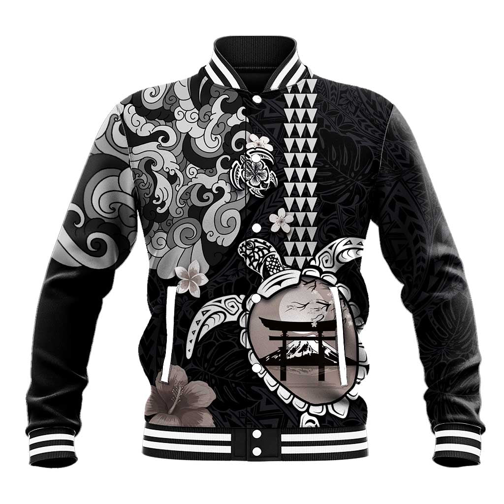 Hawaiian and Japanese Together Baseball Jacket Japanese Culture and Turtle Kakau Tattoo Black Color LT03 Unisex Black - Polynesian Pride