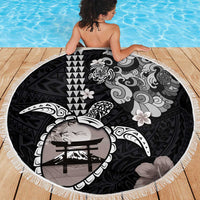 Hawaiian and Japanese Together Beach Blanket Japanese Culture and Turtle Kakau Tattoo Black Color