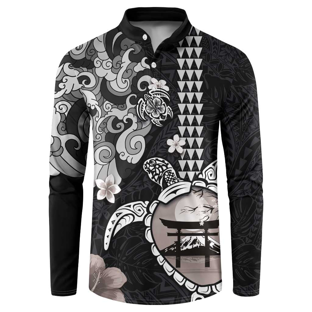 Hawaiian and Japanese Together Button Sweatshirt Japanese Culture and Turtle Kakau Tattoo Black Color LT03 Black - Polynesian Pride