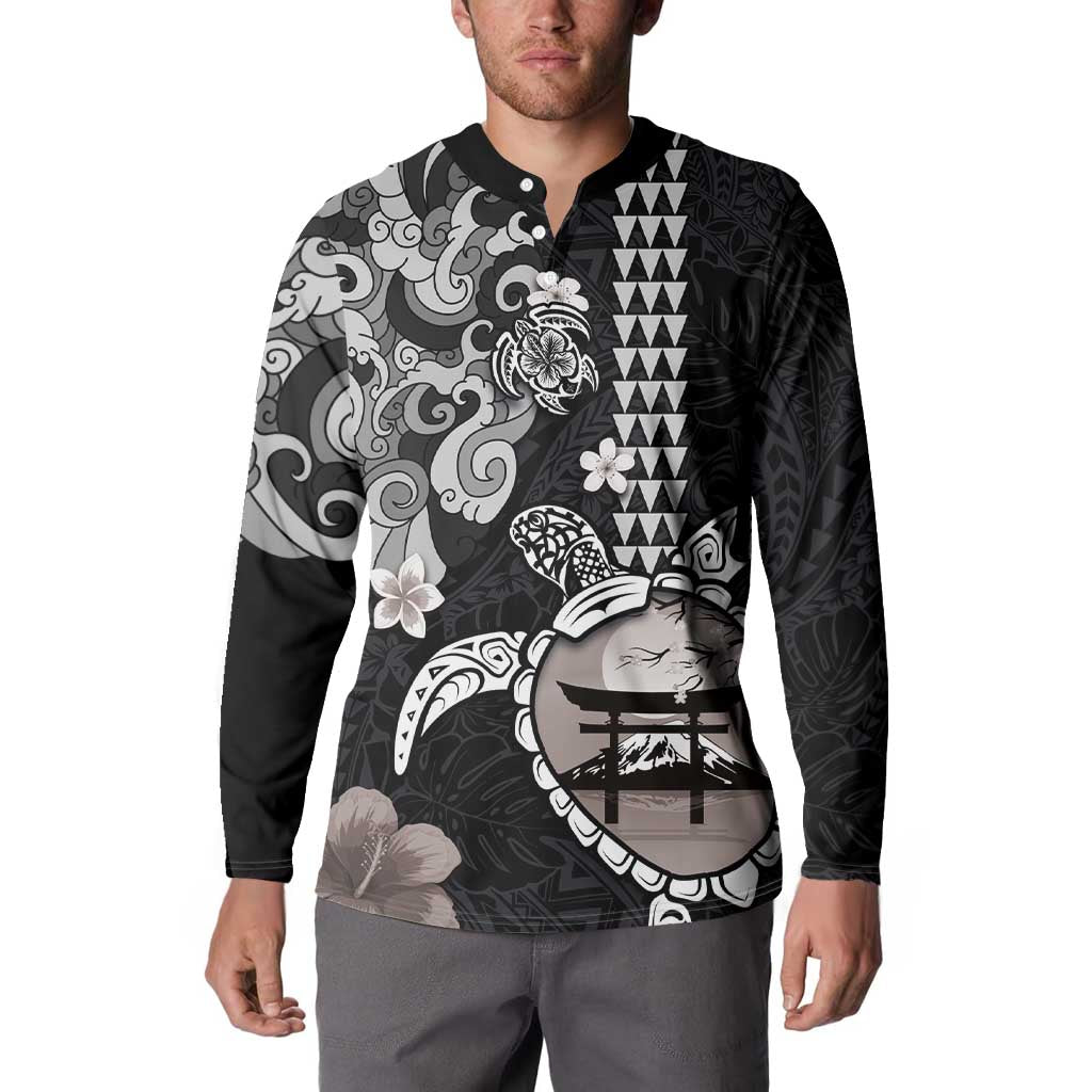Hawaiian and Japanese Together Button Sweatshirt Japanese Culture and Turtle Kakau Tattoo Black Color