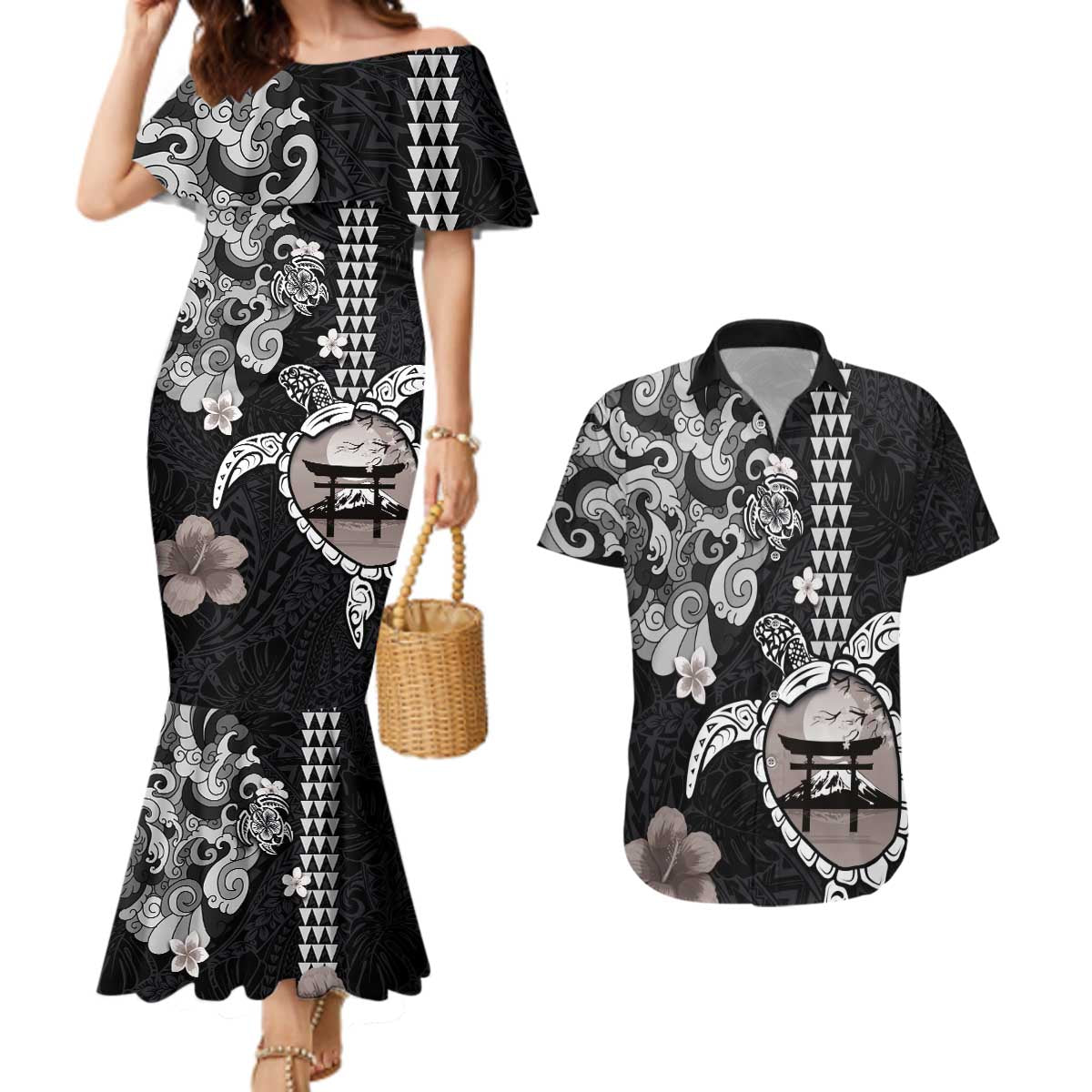 Hawaiian and Japanese Together Couples Matching Mermaid Dress and Hawaiian Shirt Japanese Culture and Turtle Kakau Tattoo Black Color LT03 Black - Polynesian Pride