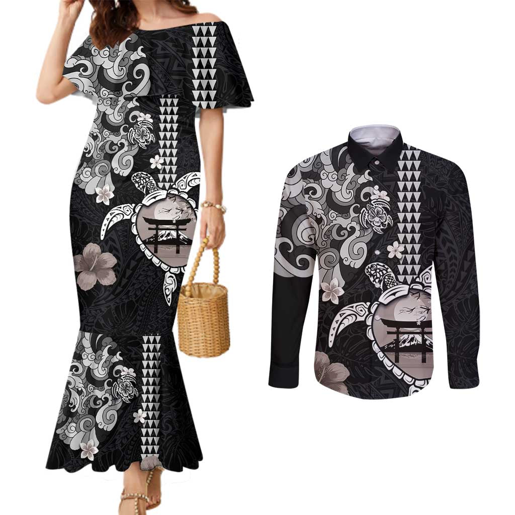 Hawaiian and Japanese Together Couples Matching Mermaid Dress and Long Sleeve Button Shirt Japanese Culture and Turtle Kakau Tattoo Black Color LT03 Black - Polynesian Pride