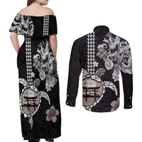 Hawaiian and Japanese Together Couples Matching Off Shoulder Maxi Dress and Long Sleeve Button Shirt Japanese Culture and Turtle Kakau Tattoo Black Color