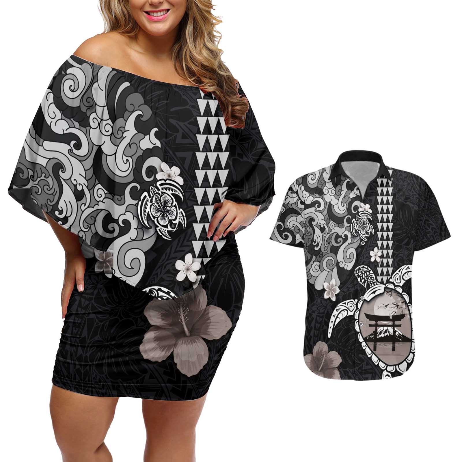 Hawaiian and Japanese Together Couples Matching Off Shoulder Short Dress and Hawaiian Shirt Japanese Culture and Turtle Kakau Tattoo Black Color LT03 Black - Polynesian Pride