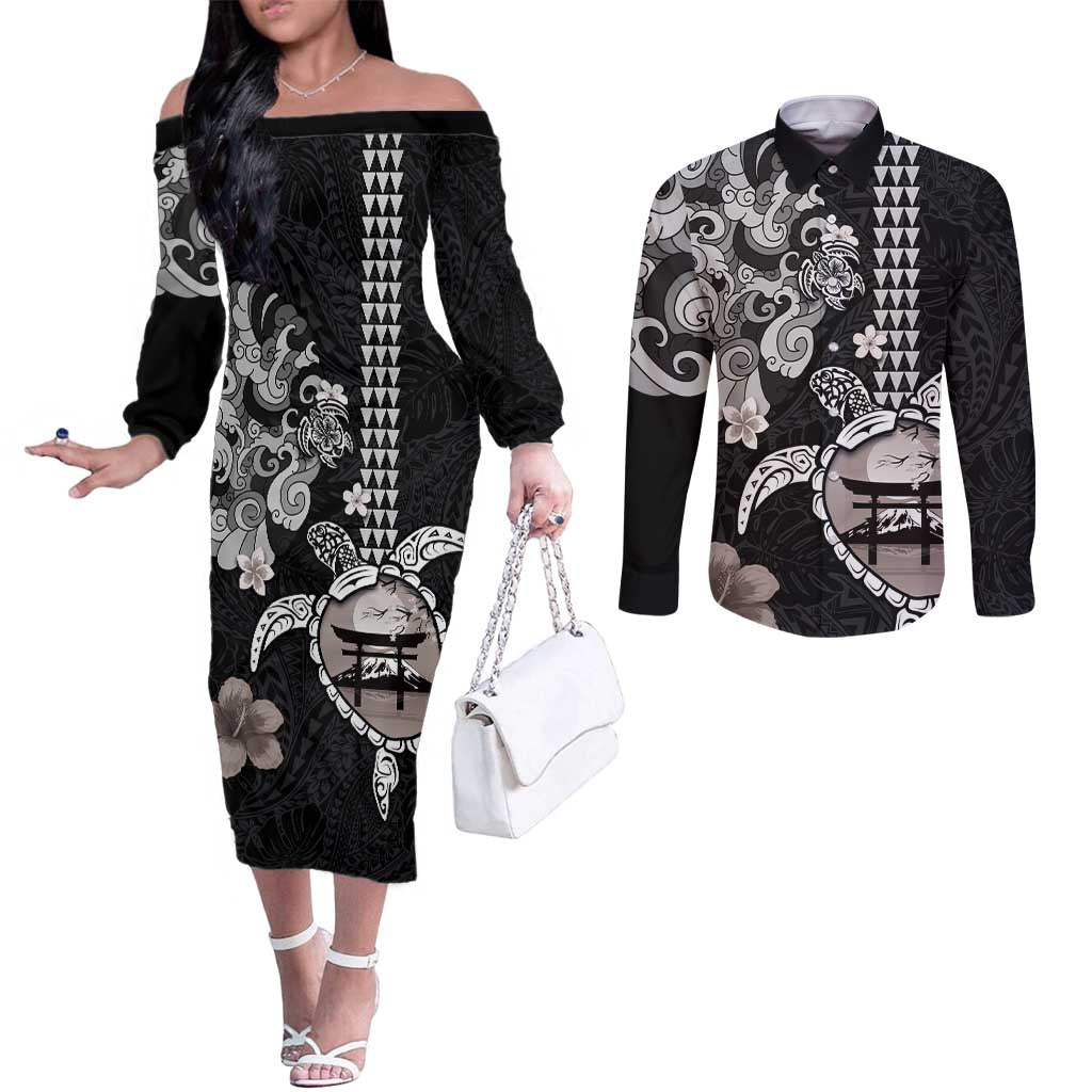 Hawaiian and Japanese Together Couples Matching Off The Shoulder Long Sleeve Dress and Long Sleeve Button Shirt Japanese Culture and Turtle Kakau Tattoo Black Color
