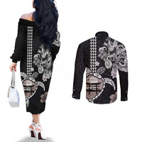 Hawaiian and Japanese Together Couples Matching Off The Shoulder Long Sleeve Dress and Long Sleeve Button Shirt Japanese Culture and Turtle Kakau Tattoo Black Color