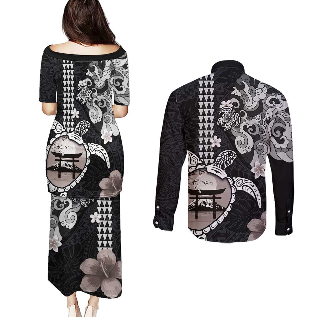 Hawaiian and Japanese Together Couples Matching Puletasi and Long Sleeve Button Shirt Japanese Culture and Turtle Kakau Tattoo Black Color