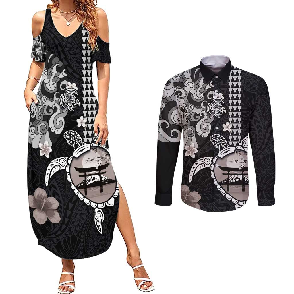 Hawaiian and Japanese Together Couples Matching Summer Maxi Dress and Long Sleeve Button Shirt Japanese Culture and Turtle Kakau Tattoo Black Color LT03 Black - Polynesian Pride