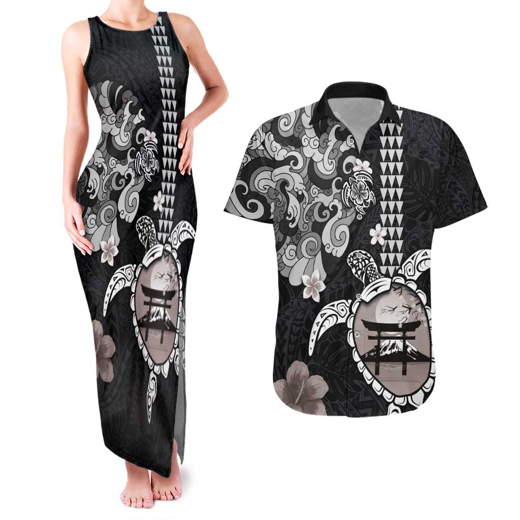Hawaiian and Japanese Together Couples Matching Tank Maxi Dress and Hawaiian Shirt Japanese Culture and Turtle Kakau Tattoo Black Color LT03 Black - Polynesian Pride