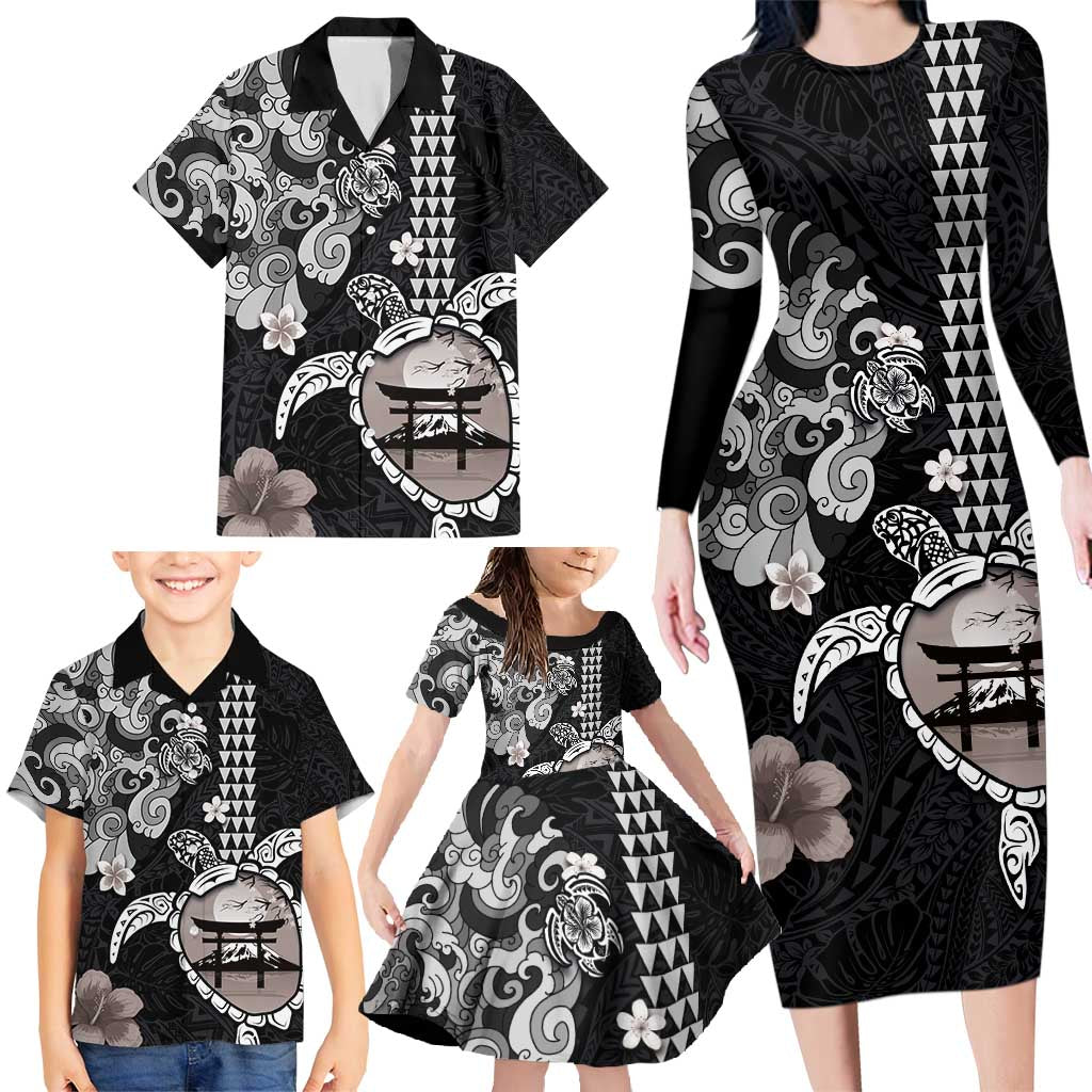 Hawaiian and Japanese Together Family Matching Long Sleeve Bodycon Dress and Hawaiian Shirt Japanese Culture and Turtle Kakau Tattoo Black Color LT03 - Polynesian Pride