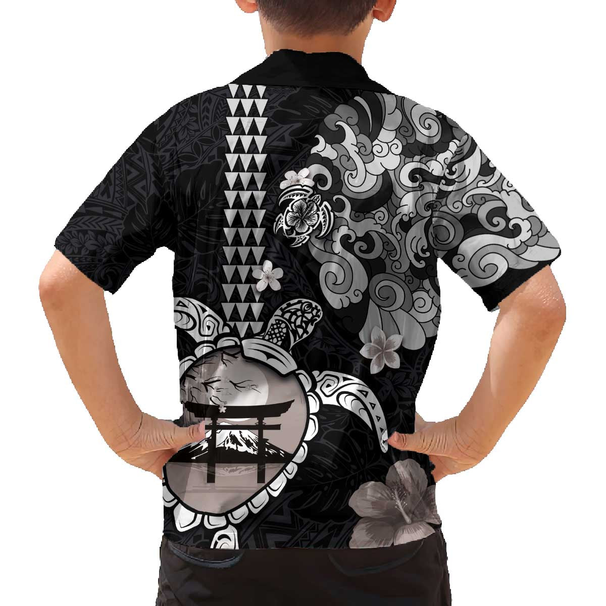 Hawaiian and Japanese Together Family Matching Off The Shoulder Long Sleeve Dress and Hawaiian Shirt Japanese Culture and Turtle Kakau Tattoo Black Color LT03 - Polynesian Pride