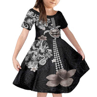 Hawaiian and Japanese Together Family Matching Off The Shoulder Long Sleeve Dress and Hawaiian Shirt Japanese Culture and Turtle Kakau Tattoo Black Color LT03 Daughter's Dress Black - Polynesian Pride