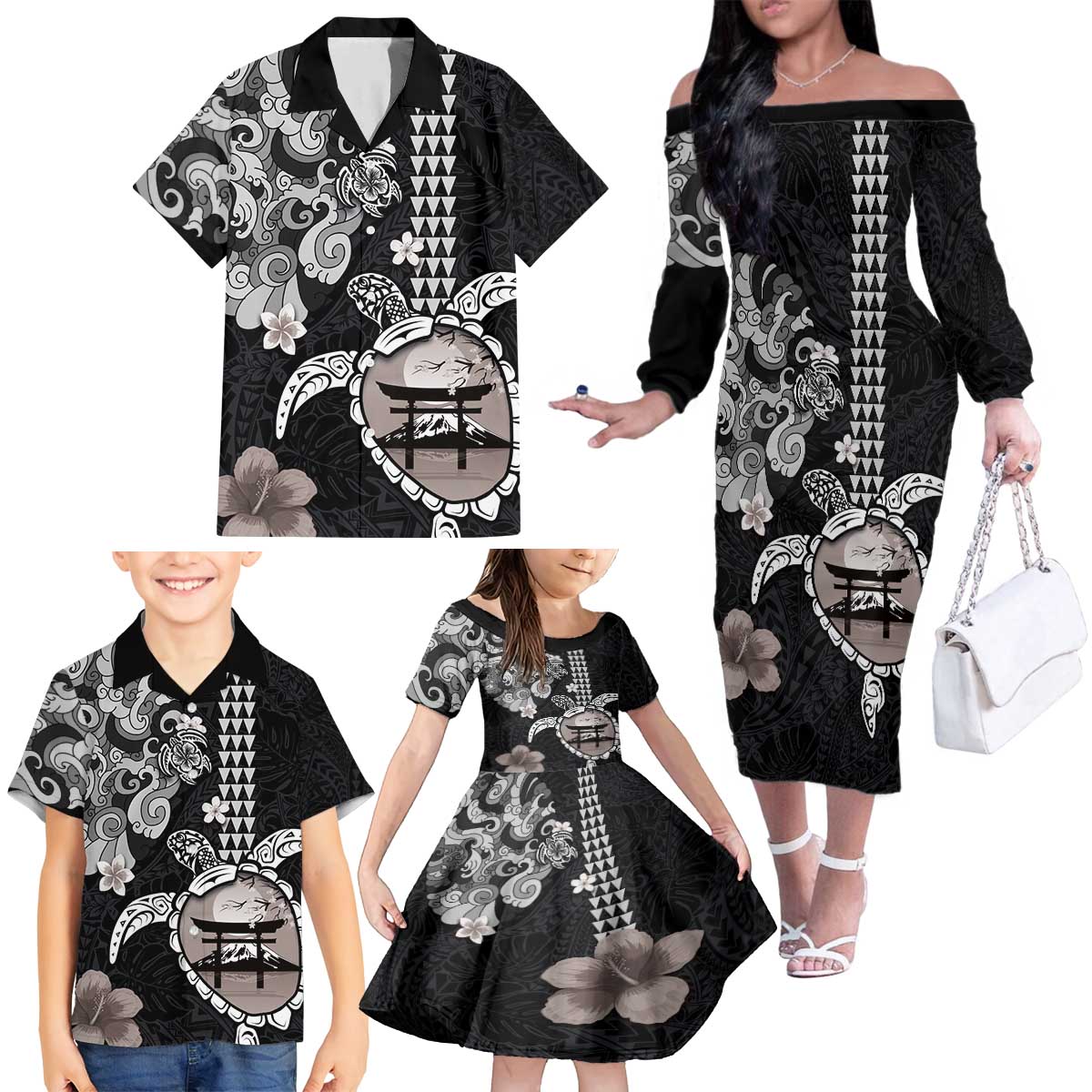 Hawaiian and Japanese Together Family Matching Off The Shoulder Long Sleeve Dress and Hawaiian Shirt Japanese Culture and Turtle Kakau Tattoo Black Color LT03 - Polynesian Pride