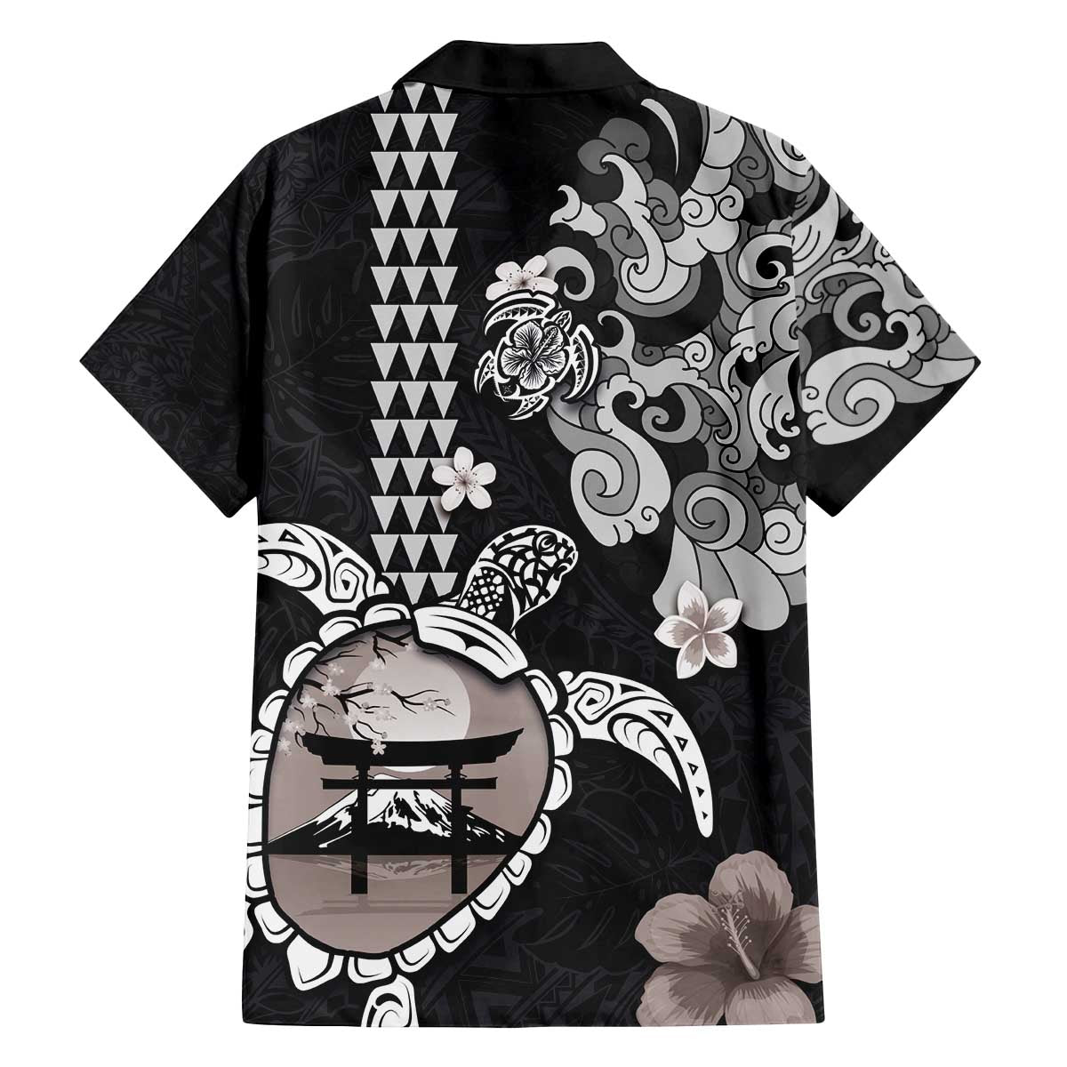 Hawaiian and Japanese Together Family Matching Off The Shoulder Long Sleeve Dress and Hawaiian Shirt Japanese Culture and Turtle Kakau Tattoo Black Color LT03 - Polynesian Pride