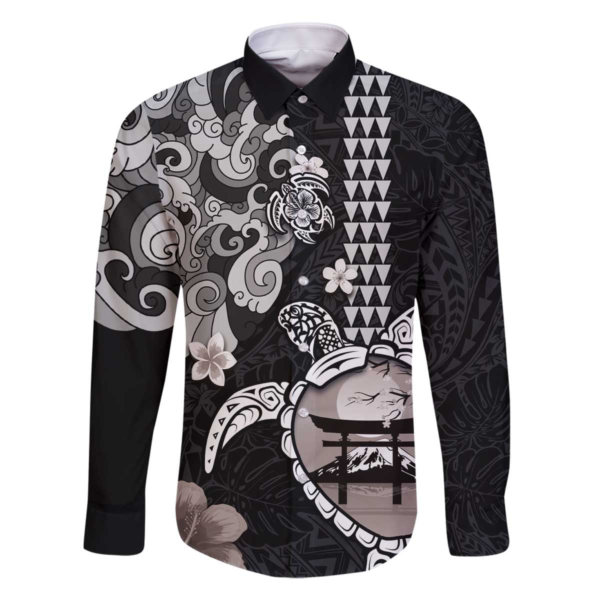 Hawaiian and Japanese Together Family Matching Off The Shoulder Long Sleeve Dress and Hawaiian Shirt Japanese Culture and Turtle Kakau Tattoo Black Color LT03 Dad's Shirt - Long Sleeve Black - Polynesian Pride