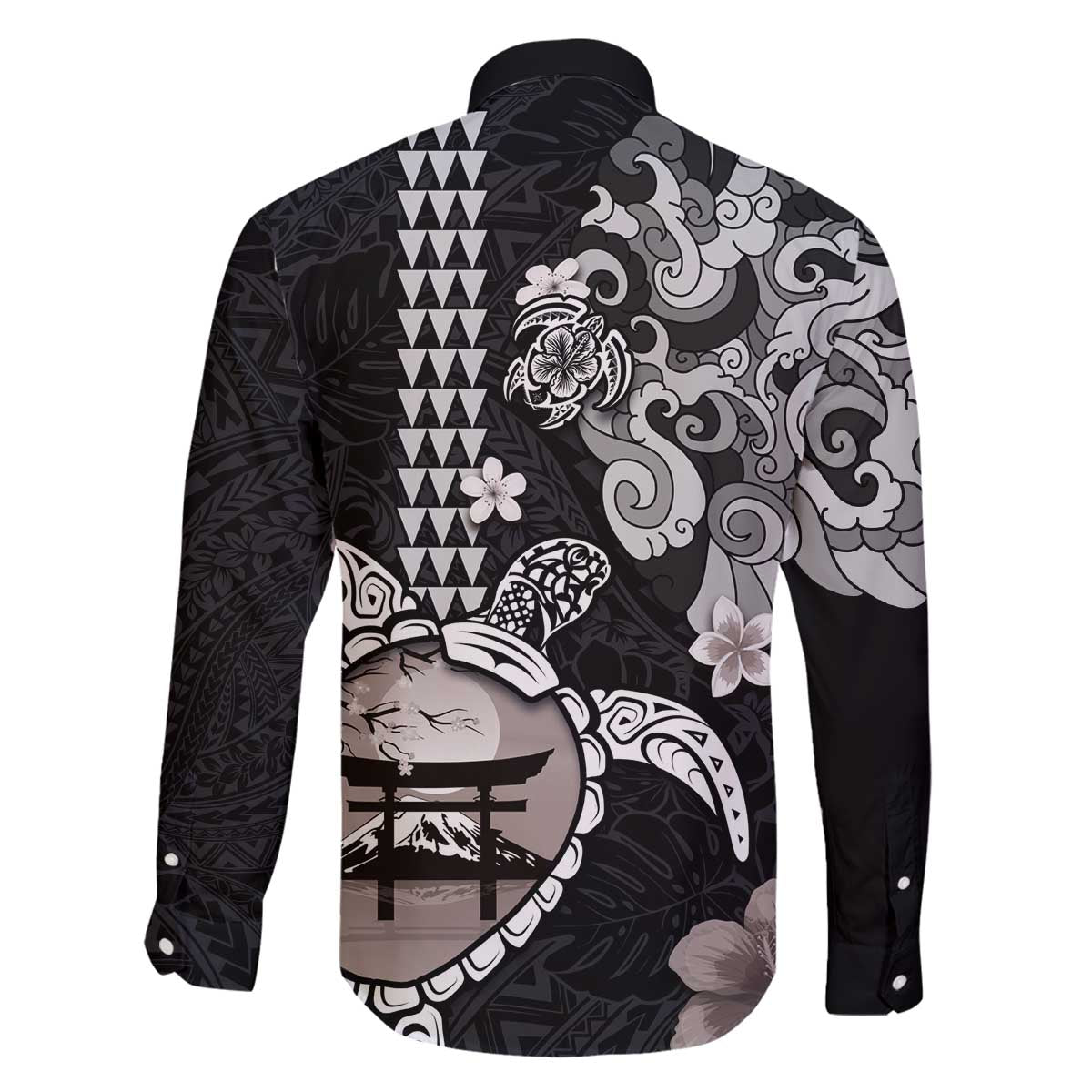 Hawaiian and Japanese Together Family Matching Off The Shoulder Long Sleeve Dress and Hawaiian Shirt Japanese Culture and Turtle Kakau Tattoo Black Color LT03 - Polynesian Pride