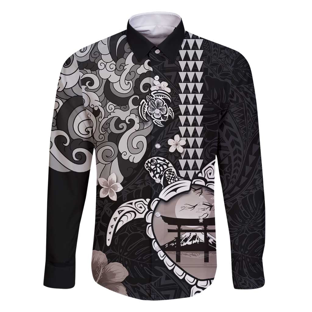 Hawaiian and Japanese Together Family Matching Off Shoulder Maxi Dress and Hawaiian Shirt Japanese Culture and Turtle Kakau Tattoo Black Color