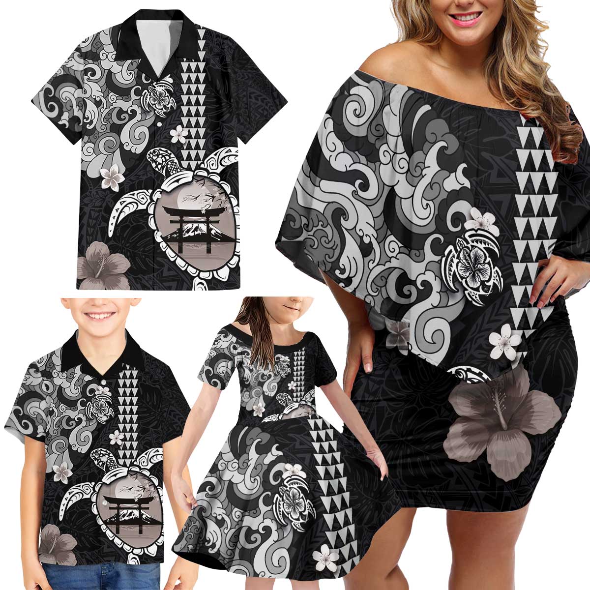 Hawaiian and Japanese Together Family Matching Off Shoulder Short Dress and Hawaiian Shirt Japanese Culture and Turtle Kakau Tattoo Black Color LT03 - Polynesian Pride