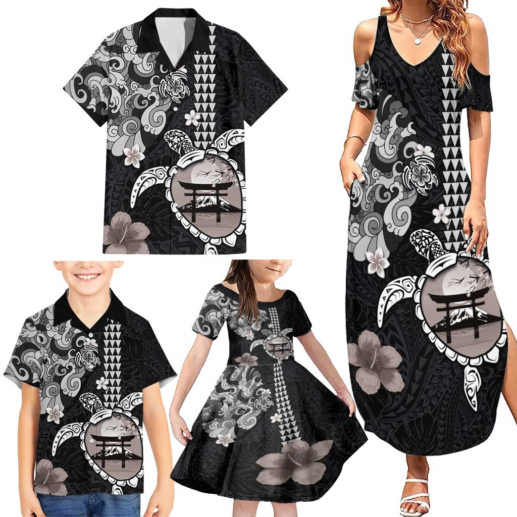 Hawaiian and Japanese Together Family Matching Summer Maxi Dress and Hawaiian Shirt Japanese Culture and Turtle Kakau Tattoo Black Color LT03 - Polynesian Pride
