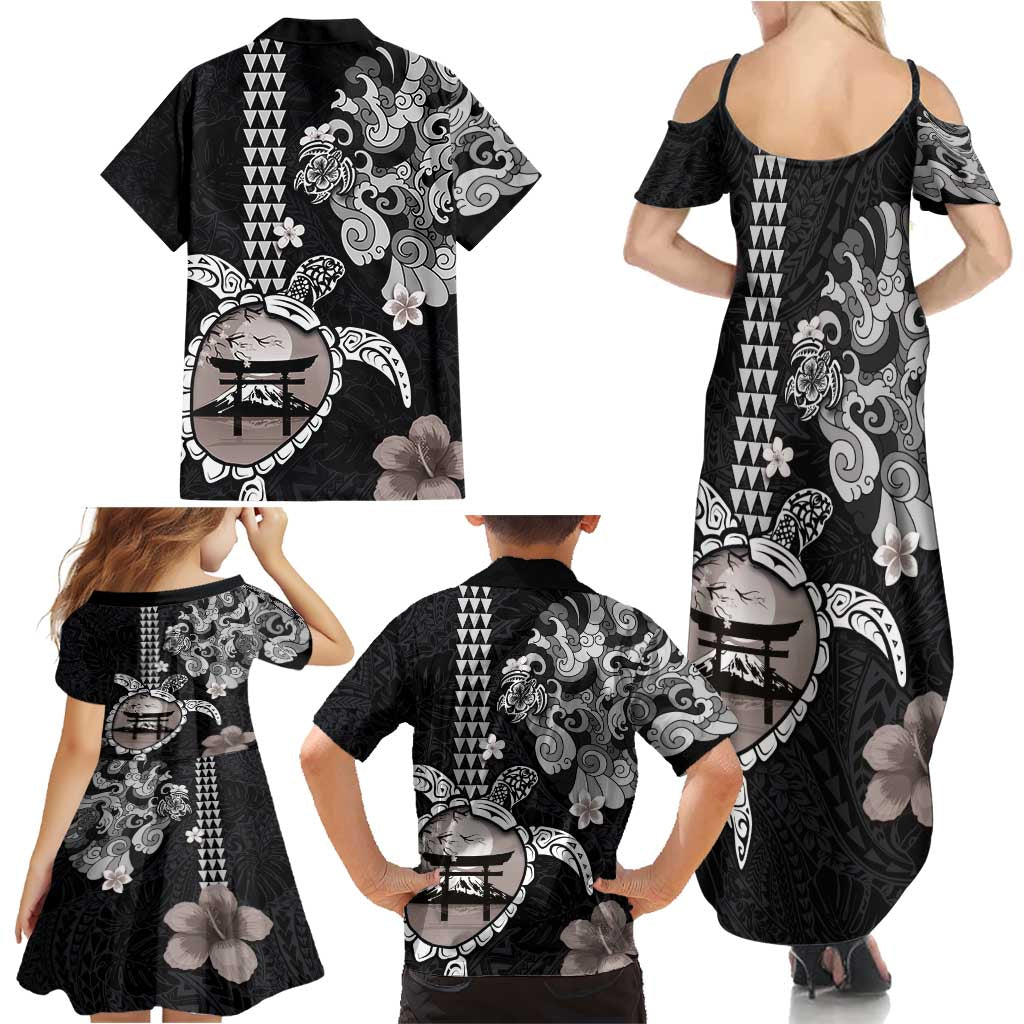 Hawaiian and Japanese Together Family Matching Summer Maxi Dress and Hawaiian Shirt Japanese Culture and Turtle Kakau Tattoo Black Color LT03 - Polynesian Pride