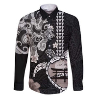 Hawaiian and Japanese Together Family Matching Summer Maxi Dress and Hawaiian Shirt Japanese Culture and Turtle Kakau Tattoo Black Color LT03 Dad's Shirt - Long Sleeve Black - Polynesian Pride