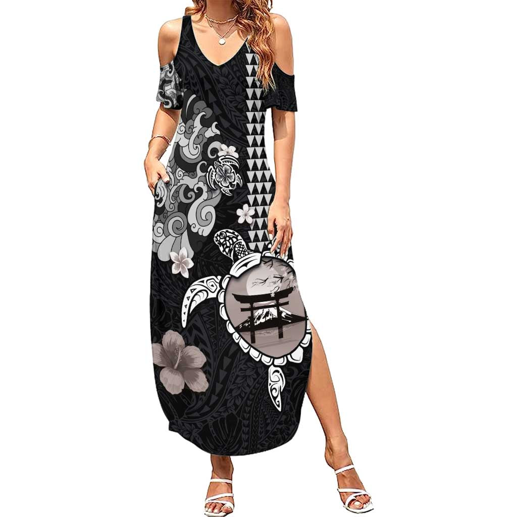 Hawaiian and Japanese Together Family Matching Summer Maxi Dress and Hawaiian Shirt Japanese Culture and Turtle Kakau Tattoo Black Color LT03 Mom's Dress Black - Polynesian Pride