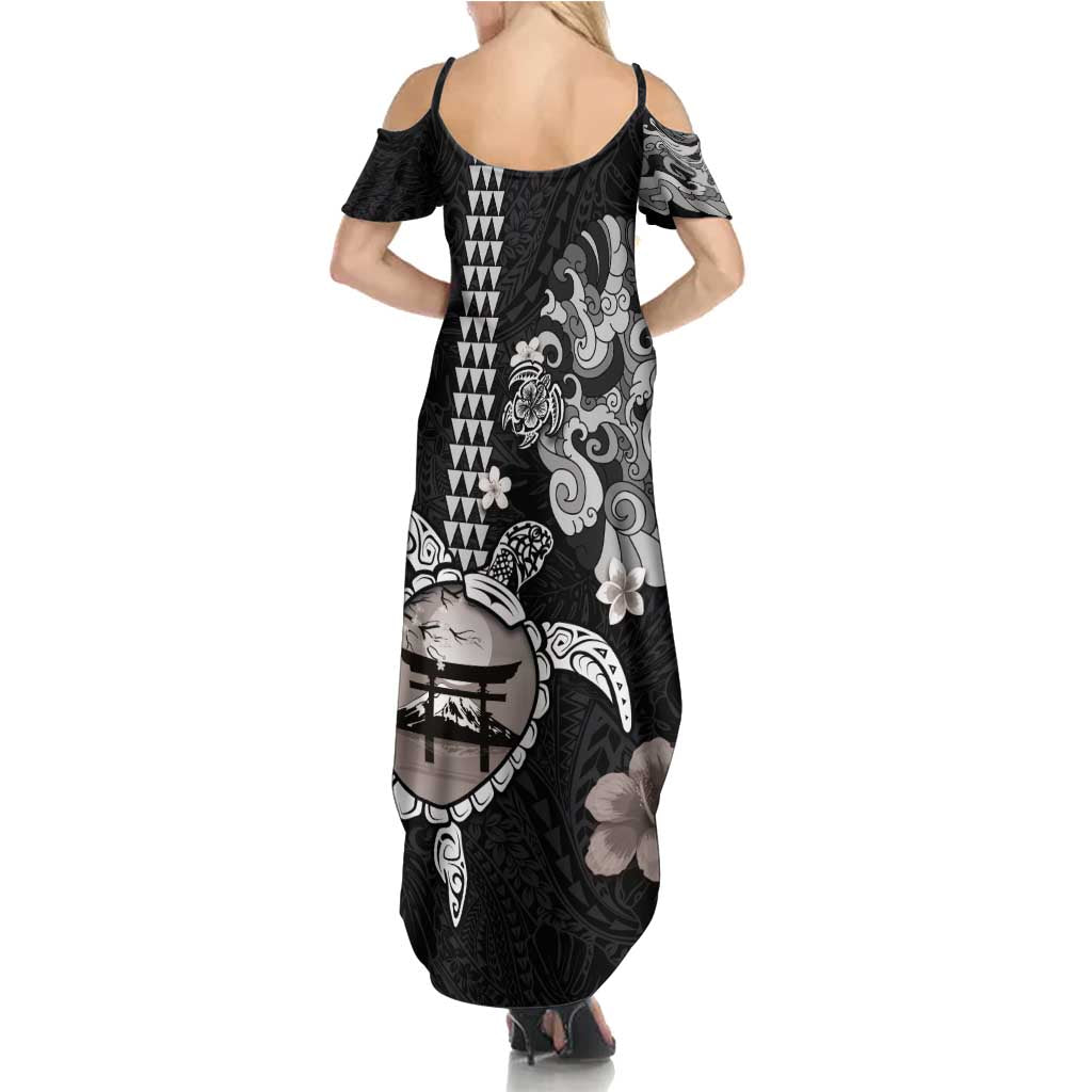 Hawaiian and Japanese Together Family Matching Summer Maxi Dress and Hawaiian Shirt Japanese Culture and Turtle Kakau Tattoo Black Color LT03 - Polynesian Pride