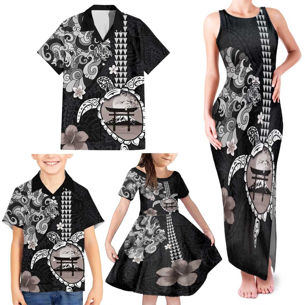 Hawaiian and Japanese Together Family Matching Tank Maxi Dress and Hawaiian Shirt Japanese Culture and Turtle Kakau Tattoo Black Color LT03 - Polynesian Pride
